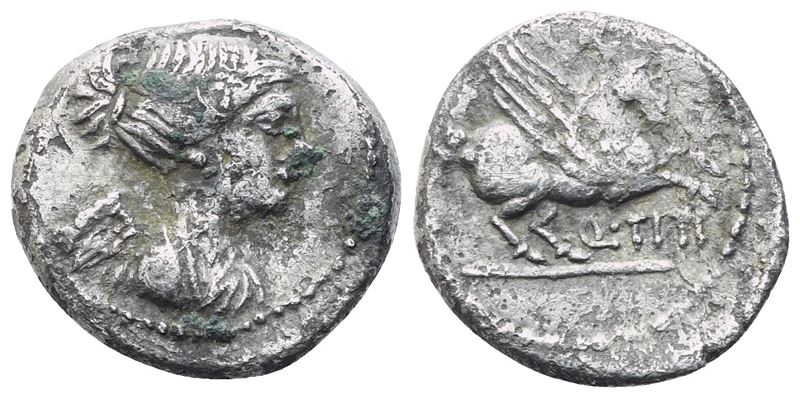 Tito Tizio (Q. Titius), Quinario Romano, busto di Vittoria e Pegaso