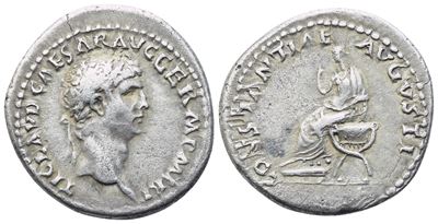 Claudio, Denario romano con Costanzia su sedia curule (41–42 d.C.), AR