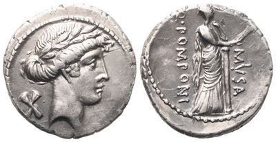 Q. Pomponius Musa, Denario (56 a.C.), AR