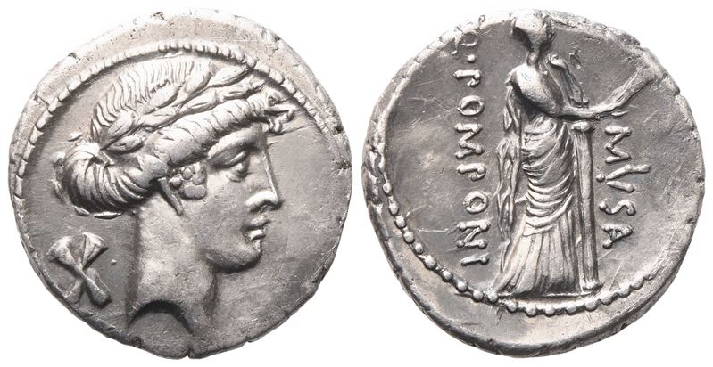 Q. Pomponius Musa, Denario (56 a.C.), AR