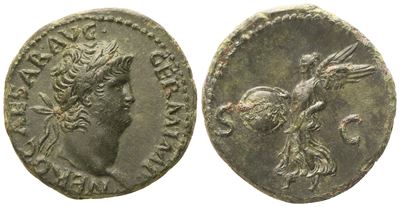 Nerone, Nero, Sesterzio (Æ), Cesare Augusto Germanico, rovescio Vittoria con scudo