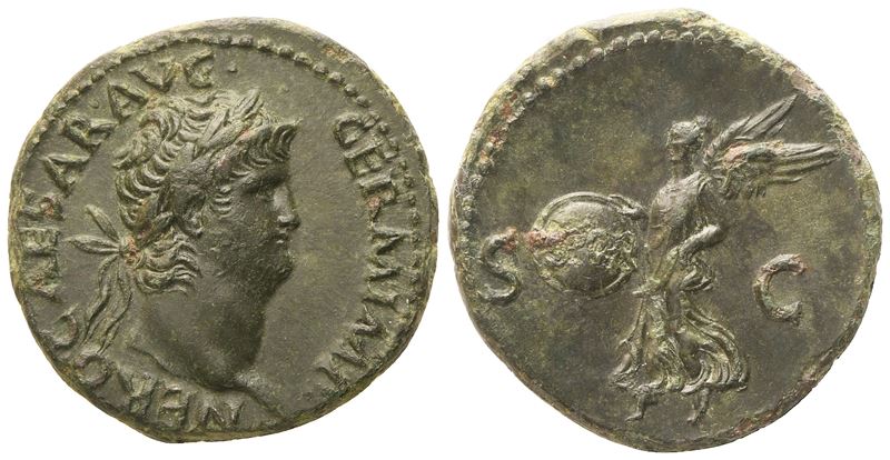 Nerone, Nero, Sesterzio (Æ), Cesare Augusto Germanico, rovescio Vittoria con scudo