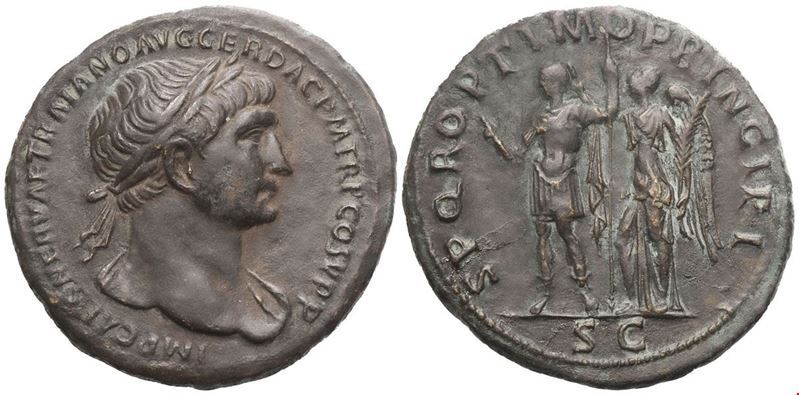 Traiano (98-117), Sesterzio/Sestertius di Roma, 105-111 – Æ (22,11 g; 34,3 mm; 6 h)