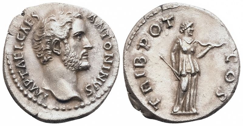 Antoninus Pius Caesar, Denario represso coniato sotto Adriano, Roma, 138 d.C.