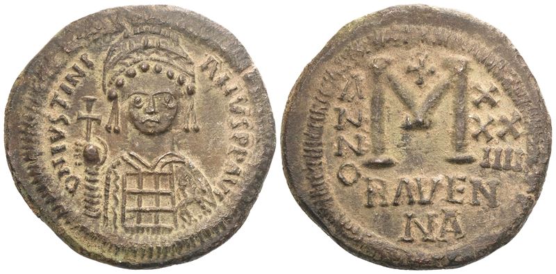 Justinian I (527-565), 40 Nummi, Ravenna, dated RY 34 = 560-1; Æ (13,25 g; 28 mm; 6 h)
