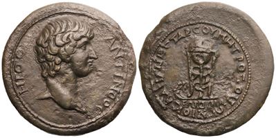 Antinoo, Tarsus (Cilicia) — bronzo, testa nuda verso destra; Tripode con serpente attorcigliato (...