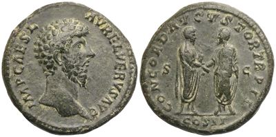 Lucius Verus (161-169), Sestertius, bronzo (Æ) con testa nuda a destra e Concordia Augusta