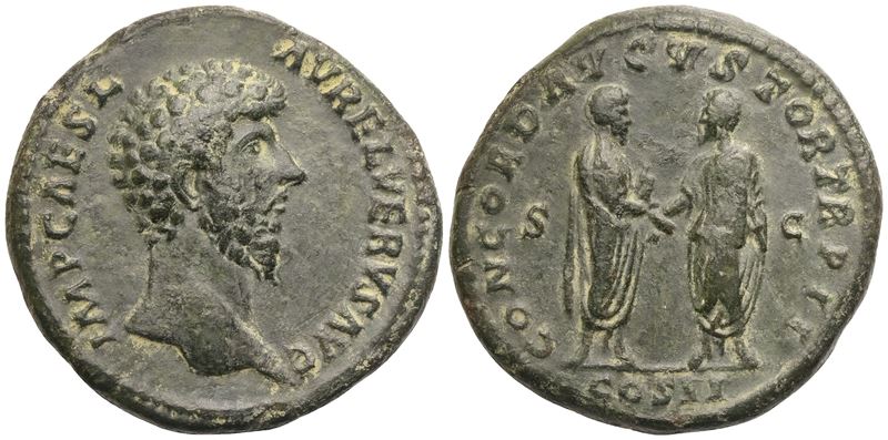 Lucius Verus (161-169), Sestertius, bronzo (Æ) con testa nuda a destra e Concordia Augusta