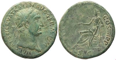 Traiano (98–117 d.C.), Sesterzio (Sestertius) e divisione in bronzo Æ, Roma, 101–102 d.C.