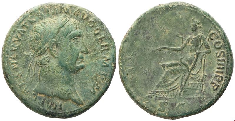 Traiano (98–117 d.C.), Sesterzio (Sestertius) e divisione in bronzo Æ, Roma, 101–102 d.C.