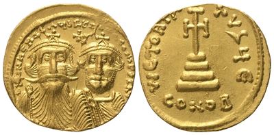 Heraclius, Solidus con Heraclius Constantine (610–641), zecca di Costantinopoli