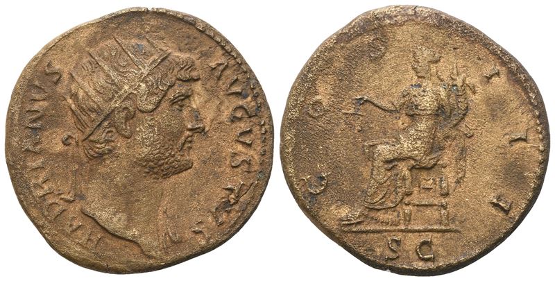 Hadrian, Dupondius di Roma (117–138) e Æ, testa radiata e Aequitas seduta