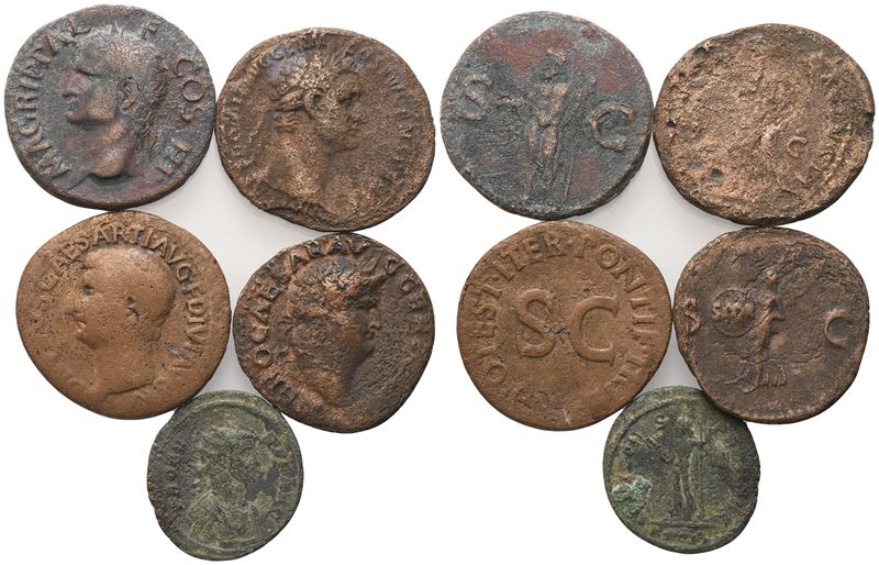 Monete imperiali romane in bronzo e argento (Æ e AR), lotto di 5 esemplari