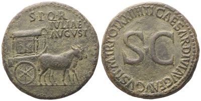Anonimo, Sestertius battuto sotto Tiberio (Roma) con testa di Livia e biga con due muli