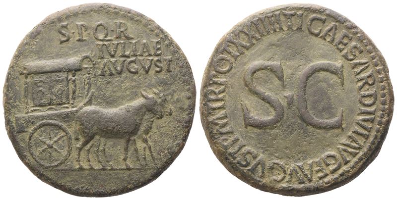 Anonimo, Sestertius battuto sotto Tiberio (Roma) con testa di Livia e biga con due muli
