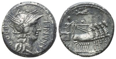 Moneta romana repubblicana, Denario con testa di Roma e Silla alla guida della quadriga (Military...