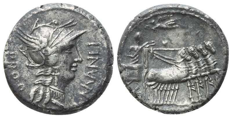 Moneta romana repubblicana, Denario con testa di Roma e Silla alla guida della quadriga (Military...