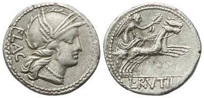 L. Rutilius Flaccus, Denario romano, testa di Roma e Vittoria su quadriga (77 a.C.)