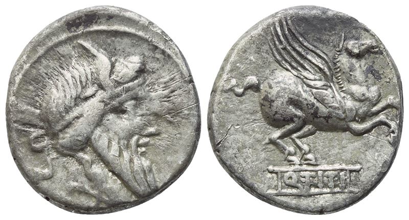Titius (Q. Titius), Denario romano con capo barbato di Mutinus Titinius e Pegaso