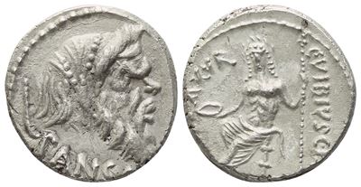 C. Vibius Pansa Caetronianus, Denario (AR) con busto e Pan / Giove Axurus