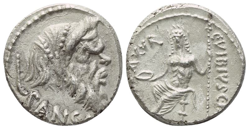 C. Vibius Pansa Caetronianus, Denario (AR) con busto e Pan / Giove Axurus