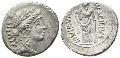 Moneta antica romana, Marco Acilio Glabrio (?), Denario, 49 a.C., argento