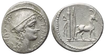 Cn. Plancius, Denario repubblicano romano (AR), Roma, 55 a.C.