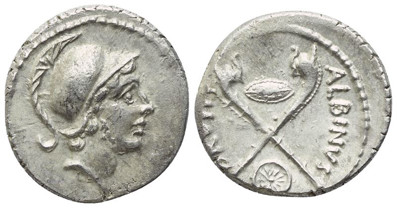 D. Iunius Brutus Albinus, Denario romano, testa di Marte giovane, 48 a.C.