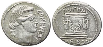 L. Scribonius Libo, Denario romano con testa di Bonus Eventus e Puteal Scribonianum
