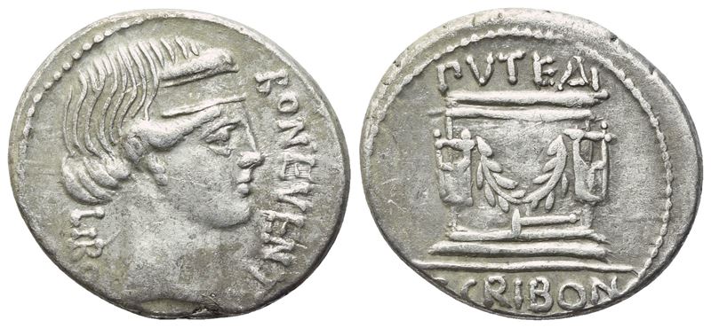 L. Scribonius Libo, Denario romano con testa di Bonus Eventus e Puteal Scribonianum