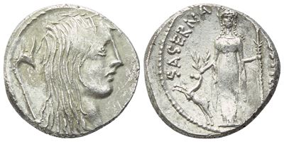 L. Hostilius Saserna, Denarius romano, 48 a.C. (AR, 3,92 g)