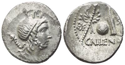 Cn. Cornelus Lentulus, Denario repubblicano (Zecca spagnola incerta), 76–75 a.C.