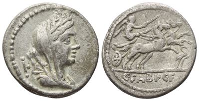 C. Fabius Hadrianus, Denario romano con busto di Cibele e Vittoria su biga