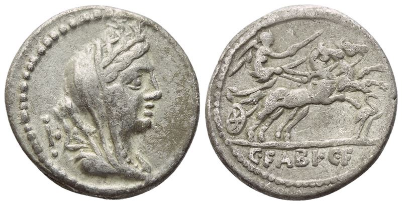 C. Fabius Hadrianus, Denario romano con busto di Cibele e Vittoria su biga
