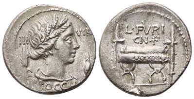 Furius Brocchus (attrib.), Denario romano, 63 a.C., AR