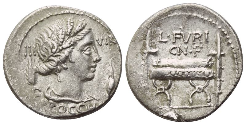 Furius Brocchus (attrib.), Denario romano, 63 a.C., AR