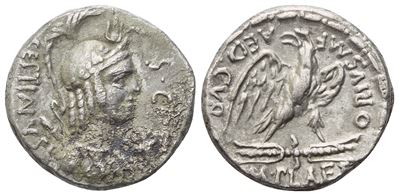 Plaetorius Cestianus, Denario repubblicano romano (AR), Roma, 67 a.C.
