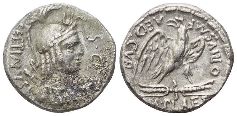Plaetorius Cestianus, Denario repubblicano romano (AR), Roma, 67 a.C.