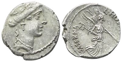 L. Hostilius Saserna, Denario romano (Rome, 48 a.C.), AR