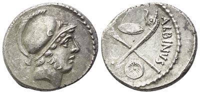 D. Iunius Brutus Albinus, Denario romano con testa di Marte e due giovani in scontro (48 a.C.)