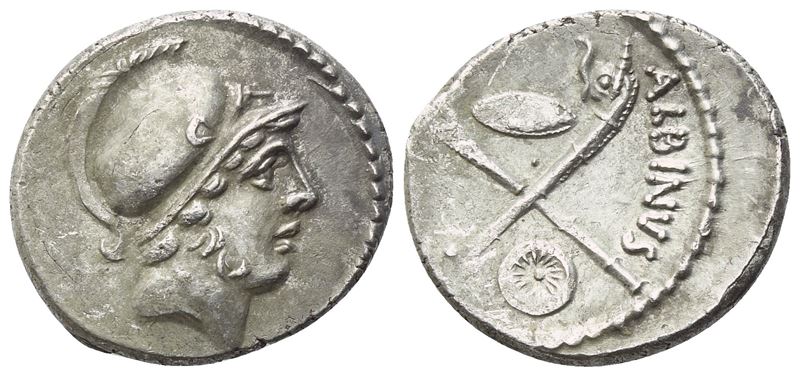 D. Iunius Brutus Albinus, Denario romano con testa di Marte e due giovani in scontro (48 a.C.)