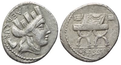 Furius Crassipes, Denario repubblicano di Roma (84 a.C.), testa di Cibele e sedia curule