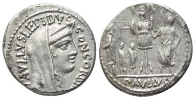 L. Aemilius Lepidus Paullus, Denario romano, testa di Concordia velata e diadema, 62 a.C.