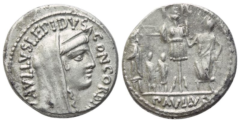 L. Aemilius Lepidus Paullus, Denario romano, testa di Concordia velata e diadema, 62 a.C.
