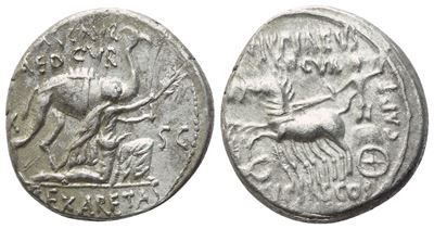 M. Aemilius Scaurus e P. Plautius Hypsaeus, Denario romano, 58 a.C.