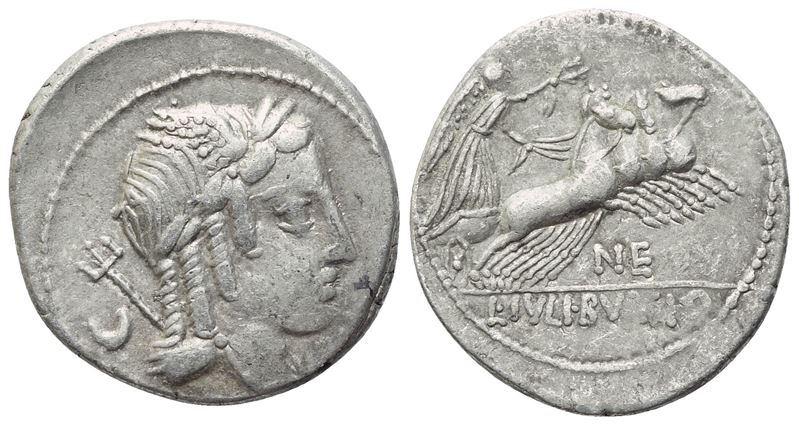 L. Iulius Bursio, Denario romano (AR) con Apollo/Vittoria, 85 a.C.