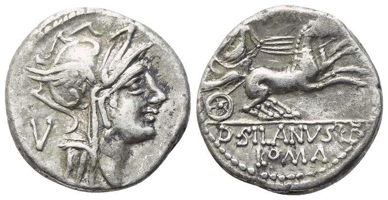 D. Iunius Silanus, Denario repubblicano (Roma), 91 a.C.