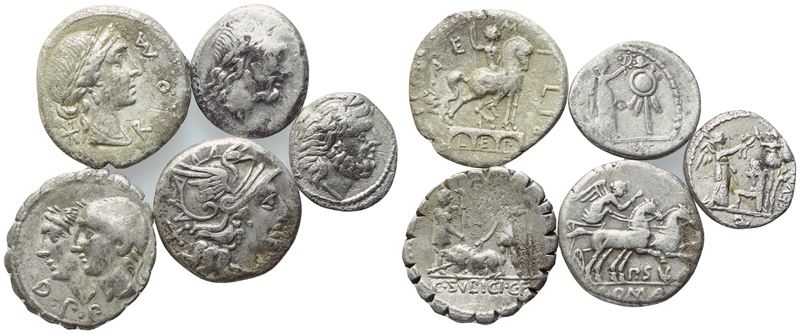 Collezione di 5 monete romane repubblicane in argento (AR)