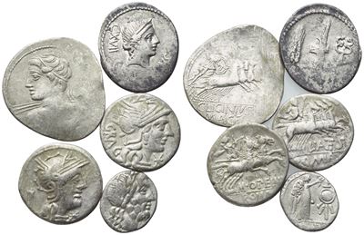 Denarii repubblicani romani (AR), lotto di cinque monete