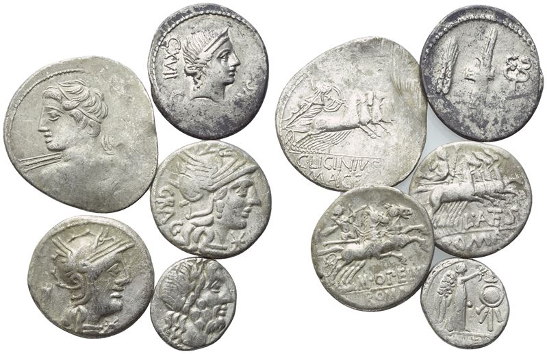 Denarii repubblicani romani (AR), lotto di cinque monete